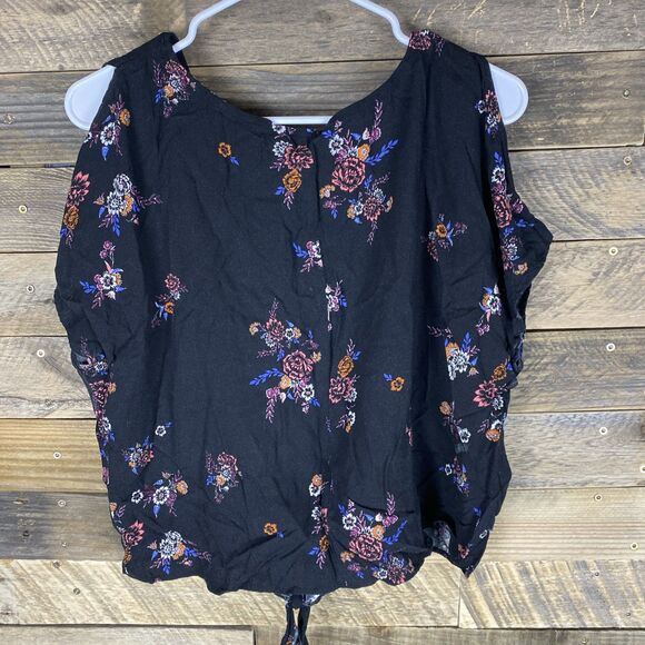 Mudd Womens Sz XL Black Floral Tie Front Cold Shoulder Short Sleeve V-Neck Top - Picture 5 of 9